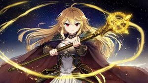 Аниме-аватар девушки-воина с золотыми волосами и алыми глазами, держащей древний магический посох;