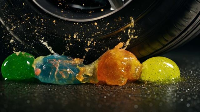 Колесо проезжает по цветным слаймом