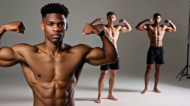 Трое мускулистых парней в студии: сила, синхронность и идеальные мышцы 💪🔥