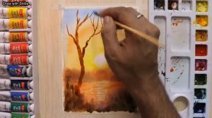 Простой пошаговый урок рисования акварелью красивый закат и дерево для начинающих