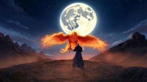 Аниме-стиль: маг призывает огненного феникса, крылья птицы озаряют сцену, позади луна и ночное небо.