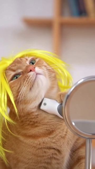 Котик смотрится в зеркало.