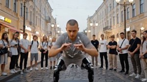 Человек-робот танцует на Арбате.
