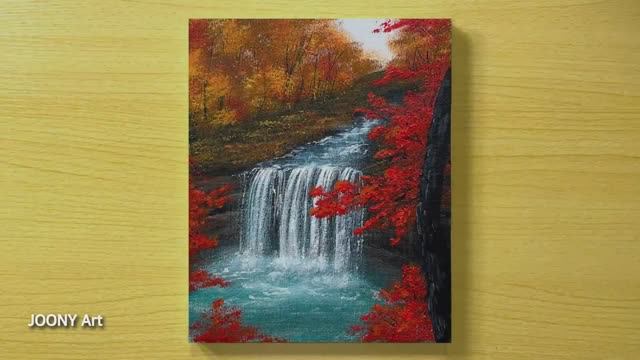 Прекрасный осенний пейзаж с водопадом / Акриловая живопись для начинающих смотреть онлайн