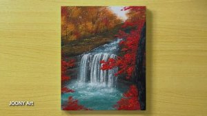Прекрасный осенний пейзаж с водопадом / Акриловая живопись для начинающих