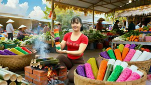 Готовлю клейкий рис в бамбуковых тубах, что бы продать его на рынке.Веду хозяйство.Жизнь во Вьетнаме