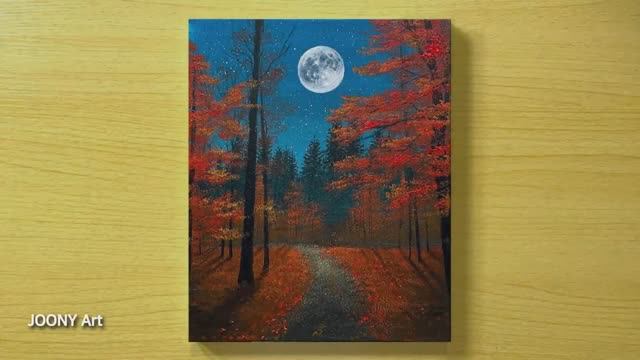 Рисуем мистически красивый пейзаж с луной над осенним лесом / Акриловая живопись смотреть онлайн