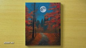 Рисуем мистически красивый пейзаж с луной над осенним лесом / Акриловая живопись
