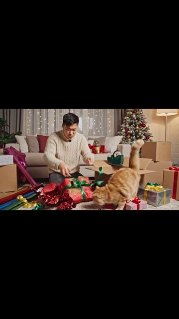 Кот "помогает" мне паковать подарки на Рождество 🎁 (это хаос) | Cat vs Christmas Wrapping #shorts