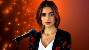 Женщина с микрофоном и гирлянда. Сгенерированное видео. Песни