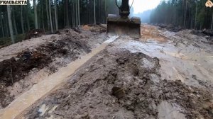 Строительство, дренажные работы , дорога в лесу, продолжение