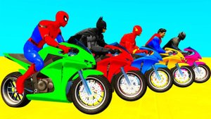 Смешные Супергерои катаются на цветных мотоциклах и велосипедах. Мультфильмы для детей и малышей.