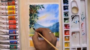 пейзаж с прудом акварелью легко