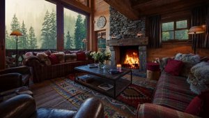 Уютное видео: комната для отдыха в домике под звуки дождя и камина.