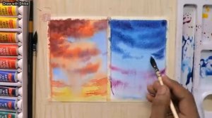 Закат солнца и вечерний пейзаж акварелью. Пошаговый урок для начинающих