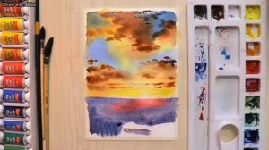 Пошаговый урок рисования акварелью закатного облачного пейзажа