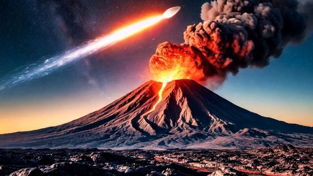 комета на извергающимся вулканом