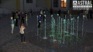 Плоскостной пешеходный фонтан "Мой район" из 16 вертикальных струй высотой 2,0 м, размер 6,4х6,4 м