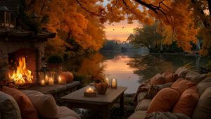 Calm Autumn Afternoon by the Lake Gentle Piano Crackling Fire Bird Sounds for Relaxing