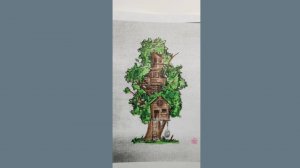 Как раскрасить домик на дереве цветными карандашам