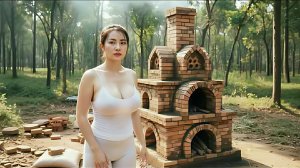 Девушка обустраивает свой участок в лесу. Строит печь из кирпичей и искусственный пруд.  Бушкрафт