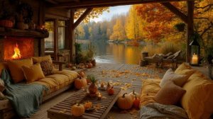 Cozy Lakeside Porch in the Autumn Soft Piano Melodies Fire Crackles for Deep Relaxation