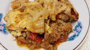 Мясная запеканка со сладким перцем, баклажаном и цветной капустой. Для любителей мяса и обилия овоще