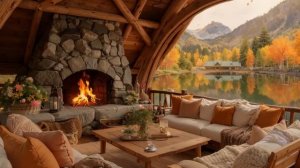 Cozy Balcony in the Autumn Lakeside Gentle Piano Crackling Fire Bird Sounds for Relaxing