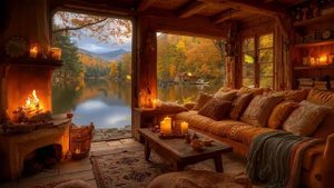 Cozy Lakeside Cabin in Autumn Peaceful Piano Music Crackling Fire for Study Work Sleep