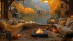 Cozy Autumn Lake House Porch Soothing Piano Warm Crackling Fireplace for Chill Sleep