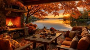 Cozy Autumn Fall Cabin by the Lake Soft Piano and Crackling Fireplace Sounds for Relaxation