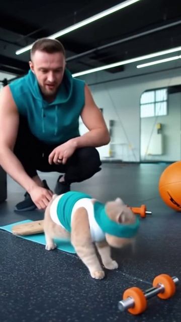 Котик тренируется в спортзале.