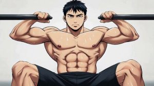 Парень топлес поливается потом. С прессом. Аниме-стиль. Качает пресс.