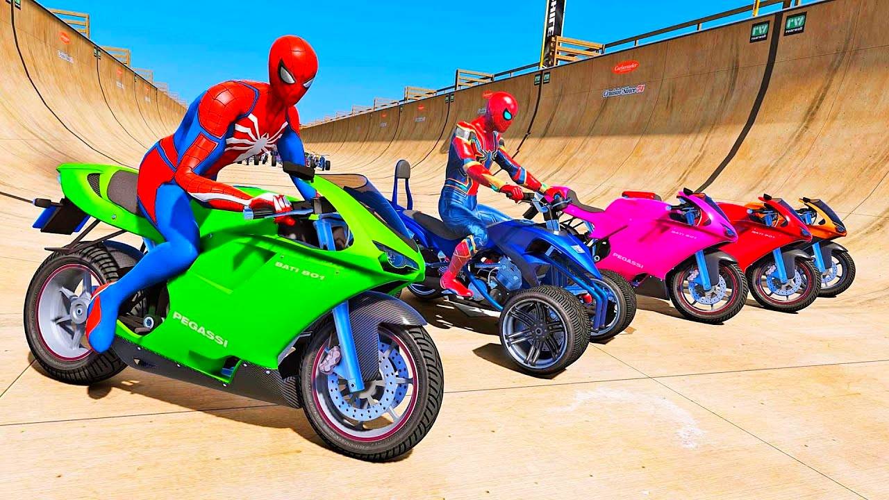 ЧЕЛОВЕКА-ПАУКА НА МОТОЦИКЛЕ на рампе МАРИО! СУПЕР ГОНКИ, МОТОЦКЛ, КВАДРОЦИКЛ, ПОЖАРНАЯ машина.