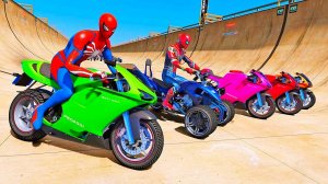 ЧЕЛОВЕКА-ПАУКА НА МОТОЦИКЛЕ на рампе МАРИО! СУПЕР ГОНКИ, МОТОЦКЛ, КВАДРОЦИКЛ, ПОЖАРНАЯ машина.