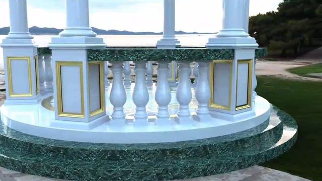 Беседка на могилу из мрамора Коелга и гранита Змеевик с крышей из нержавейкой с покрытием нитрид ти смотреть онлайн