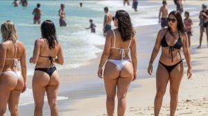 Красотки в бикини не стесняясь гуляют по пляжу 👙☀️ демонстрируя пышные формы 👙