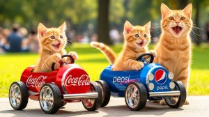 Мультики для детей, котики катаются на игрушечных машинах с мамой, мультфильм/мультик