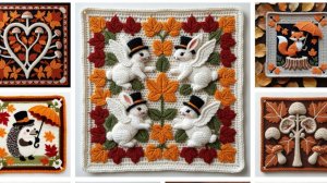 🍁🦊🦉🐇🍄🍂Вязаные квадратные мотивы с ОСЕННИМ НАСТРОЕНИЕМ от AI. Подборка №1.🍁🦊🦉🐇🍄🍂