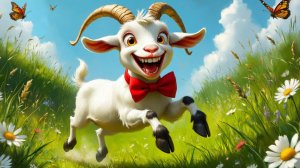 Смешной мультяшный козлёнок скачет и жуёт