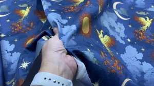 Хлопок синего цвета с принтом   Жар-птица 14410