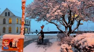 Сильный снегопад в центре Рейкьявика. Зимняя утренняя прогулка по Исландии