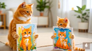 😹Мама кошечка рисует красивую картину со своим маленьким котёночком🔥