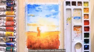 Мастер-класс для начинающих по рисованию акварелью заката с девушкой, стоящей рядом с лошадью.