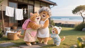 Рыжий котёнок встречает бабушку 💕, расслабляющее морское приключение мамы-кошки 🐾🌊