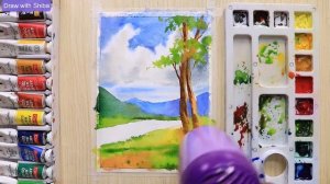 Акварельная живопись для начинающих: горный пейзаж и деревья, шаг за шагом.