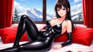 Аниме , в облегающем черном латексе на пухлой кровати