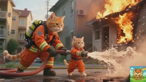 МУЛЬТФИЛЬМ ДЛЯ ДЕТЕЙ, Котенок в тигровой шапочке и снаряжении пожарного спасает бабушку