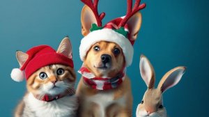 Кошка, собака и кролик в новогодних аксессуарах