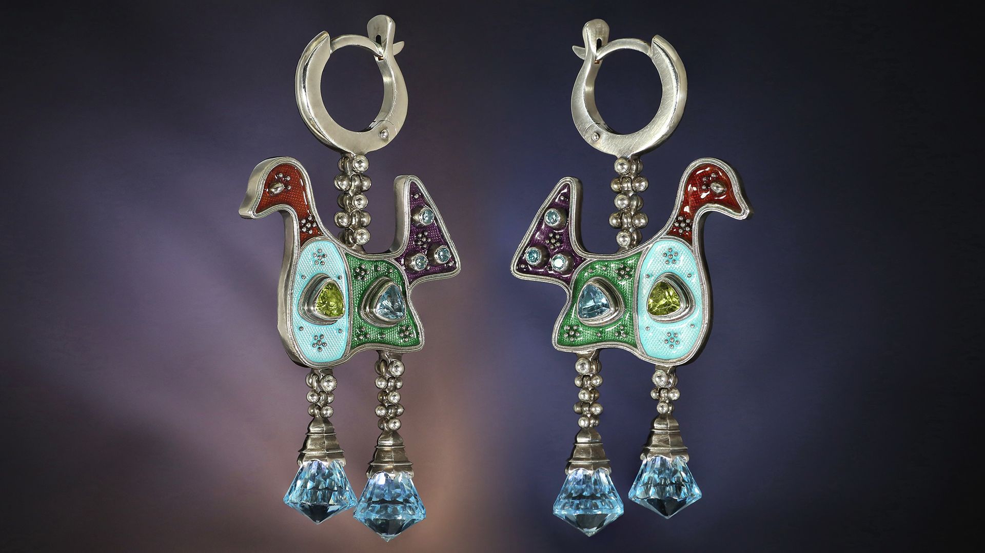 Серьги Птицы с горячей эмалью, камнями и зернью